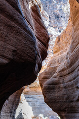 A narrow canyon with a large rock wall on either side