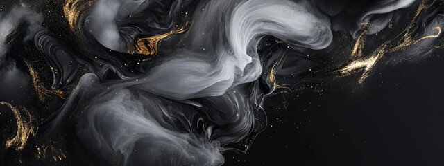 Naklejka premium Abstract swirling black, white, and gold ink.