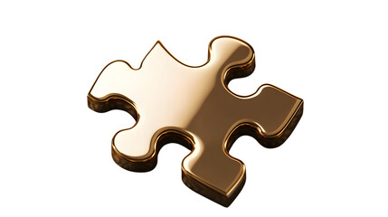 3D golden puzzle piece with a sleek and polished surface, symbolizing unity and problem-solving. Isolated on transparent background