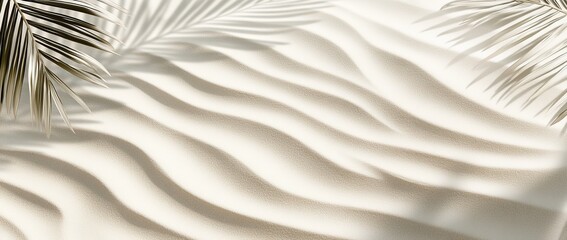 Palm leaf shadows on wavy sand texture.