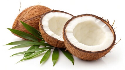 Coconut, two halves of delicious coconut with green leaves. Dietary nutrition, vegetarianism