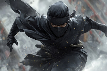 Fototapeta premium Stealthy Ninja Warrior in Action Dynamic Pose Master of Shadows Elusive Assassin