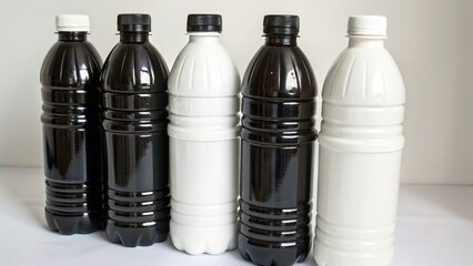 A collection of black and white plastic bottles