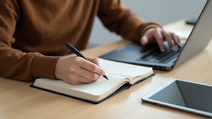 Close up, business woman using laptop computer to search the information and taking note on notebook on office table. Student studying online class, e-learning, business planning concept