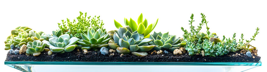 Fototapeta premium Minimalist geometric glass planter featuring vibrant green succulents, layered with decorative stones and soil, ideal for modern decor. Isolated on transparent background