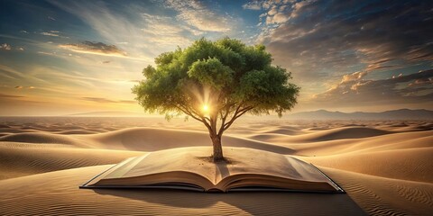 A tree of life emerging from an open book in a desert at sunset, symbolizing hope, growth, and knowledge.