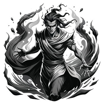 Mystic man with flowing robes and dark energy