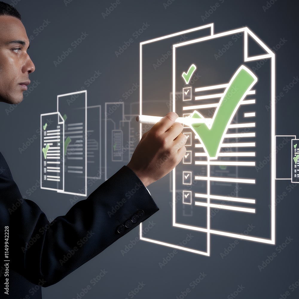 Poster online survey checklist: ticking a checkbox on laptop screen, task audit, business process order ver