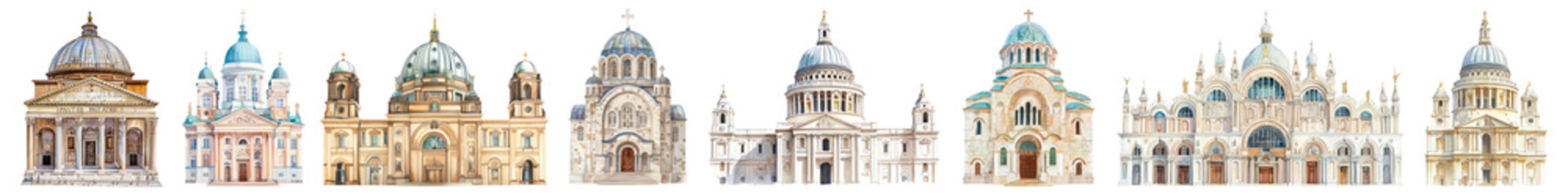 Obraz premium Watercolor landmarks png cut out element set, transparent background