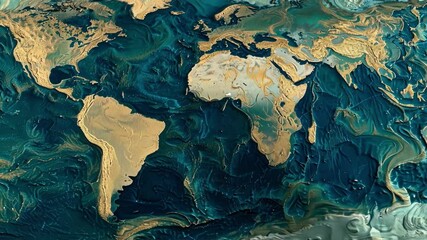 Golden and teal pigments swirling in fluid art create an abstract world map, representing continents and oceans while visualizing complex data flows - Powered by Adobe