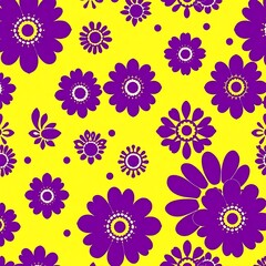 Fototapeta premium Purple Floral Delight: Vibrant purple flowers on a sunny yellow background. A cheerful and playful seamless pattern perfect for textile design or wallpaper.