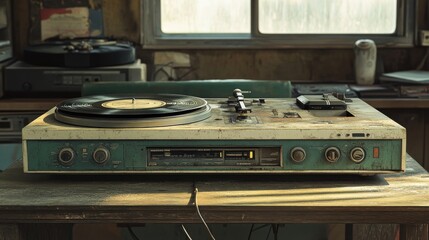 Obraz premium A retro record player sits on a wooden table, bathed in warm sunlight filtering through a window. The rustic surroundings and vintage equipment create a nostalgic and tranquil atmosphere.. AI