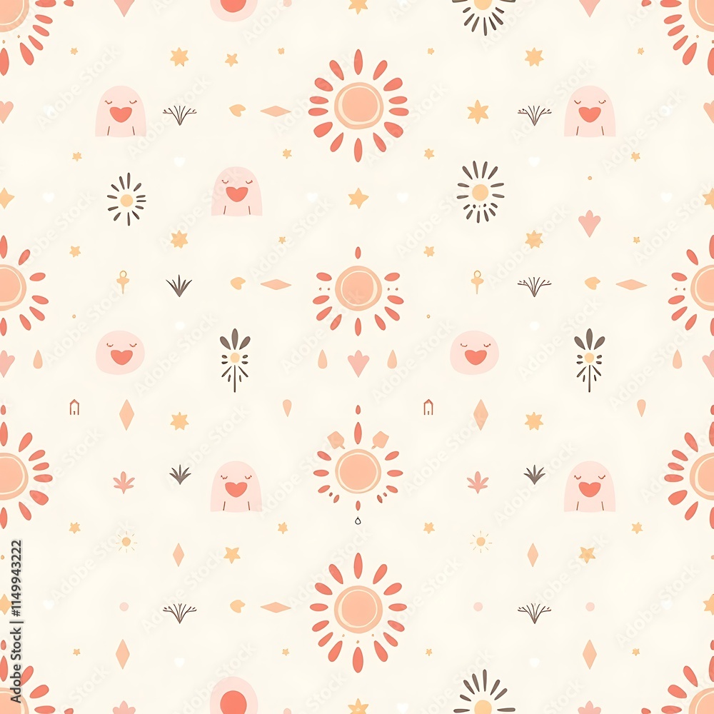 Poster happy sun and ghost pattern: a cheerful and whimsical seamless pattern featuring smiling ghosts and 