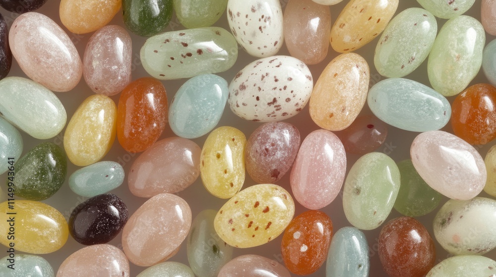 Poster a macro shot of a variety of jelly beans in multiple colors and textures, arranged randomly. the ima