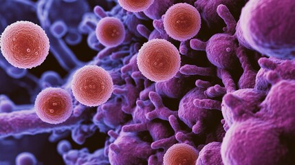 A close up of a cell with many red and purple balls. The balls are in different sizes and are scattered throughout the cell