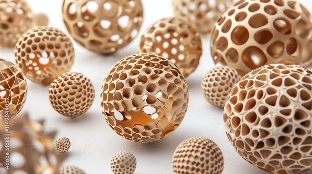 Poster a group of intricate, golden, sphere-shaped objects with various geometric patterns.