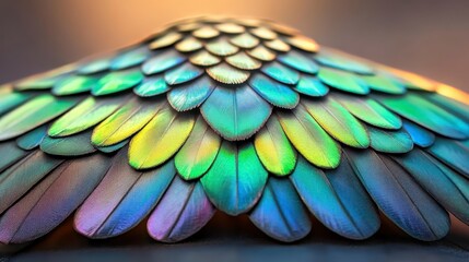 Fototapeta premium A vibrant, iridescent close-up of layered scales showcasing a spectrum of colors, reminiscent of nature's beauty.