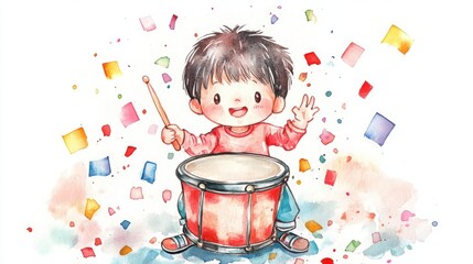 A joyful child playing the drum amidst colorful confetti, capturing the essence of creativity and musical fun.