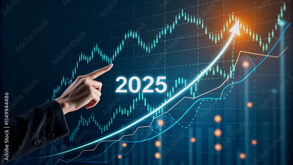 Poster hand pointing towards the year 2025 on a futuristic digital display, with a graph and arrows indicat