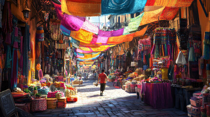 A vibrant market square filled with colorful stalls, each showcasing unique opportunities, while a figure explores with excitement. 