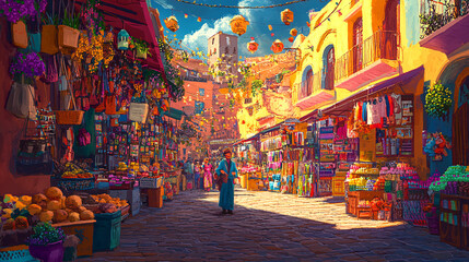 A vibrant market square filled with colorful stalls, each showcasing unique opportunities, while a figure explores with excitement. 