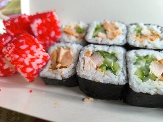 selection of fresh sushi on a white plate.High quality photo