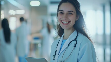 Fototapeta premium A vibrant female doctor beams with pride while holding a tablet, radiating warmth and positivity in a well-lit hospital corridor surrounded by her professional peers