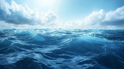 Fototapeta premium A stunning scene of deep blue ocean waves with sunlight reflecting off the surface, under a vibrant sky with fluffy clouds. The dynamic water movement and bright sky evoke a sense of freedom and