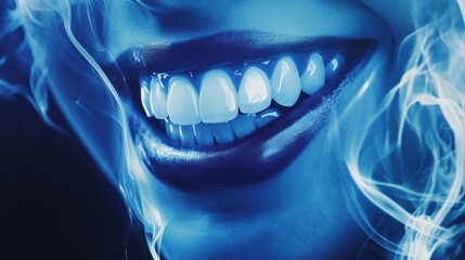 Naklejka premium Close-up of a Smiling Mouth with Blue Smoke