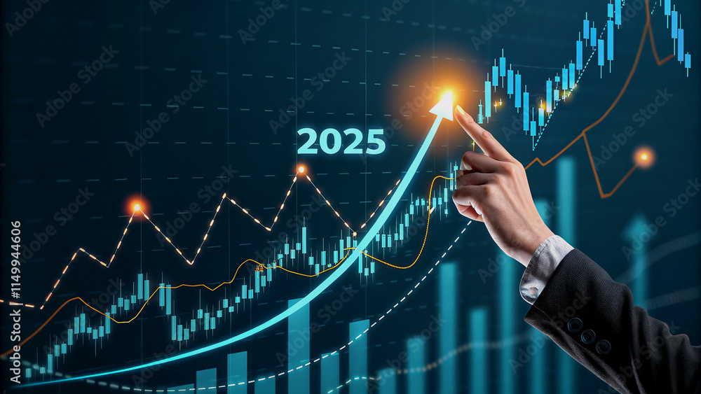 Aufkleber hand pointing towards the year 2025 on a futuristic digital display, with a graph and arrows indicat