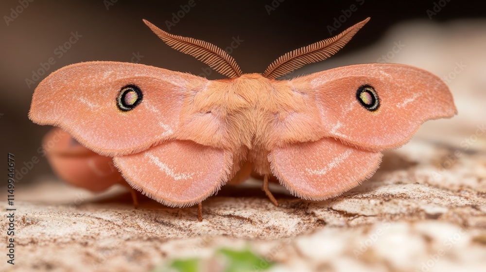 Poster a close-up view of a pink moth with distinctive markings, perched on a surface, showcasing its uniqu