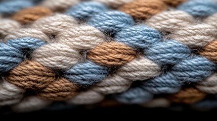 A close-up view of a textured rope featuring a braided pattern in shades of blue, brown, and cream.