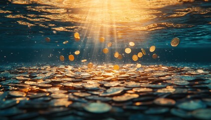 Sunlit Coins Sink: Underwater Treasure, Glimmering Riches, Submerged Currency, Deep Ocean Wealth, Golden Fortune, Aquatic Currency, Sunken Loot, Underwater Scene, Ocean Floor, Treasure Hunt