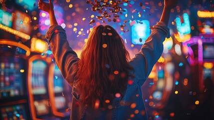 Excited woman celebrating a jackpot win in a vibrant casino, surrounded by colorful lights and confetti. Perfect for themes of luck, excitement, and nightlife.