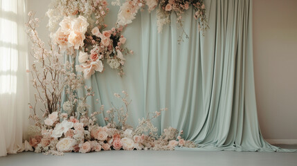 Elegant Photo Backdrop with Silk Drapes, Large Flowers, and Soft Lighting - Perfect for Sophisticated Shoots