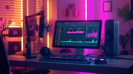Modern music production setup with colorful lighting and professional equipment
