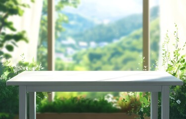 White table near window with scenic view.