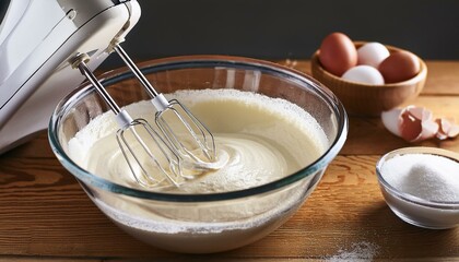 Generated image Mixer whipped cream for cake preparation, closeup of bowl with sweet dessert ingredients