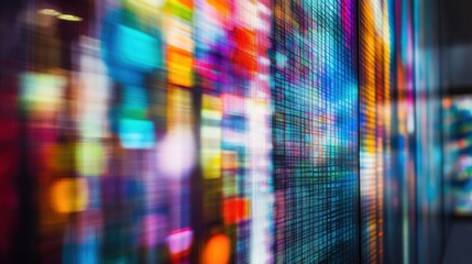 abstract blurred digital wall of multimedia screens displaying vibrant colors, images, and content for digital media, technology, and communication co