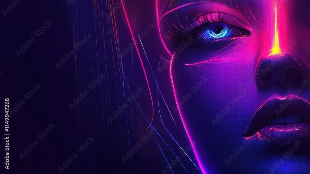Poster abstract digital background with glowing neon lines and cyberpunk elements