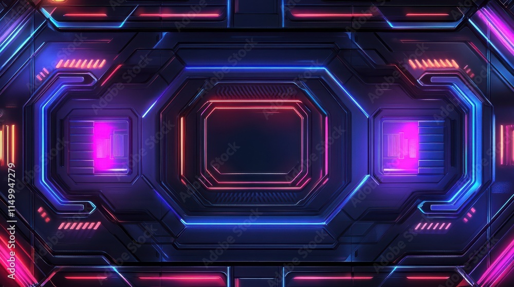 Poster abstract digital background with glowing neon lines and cyberpunk elements