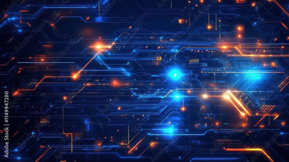 Poster abstract digital background with glowing neon lines and cyberpunk elements