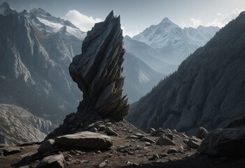 Majestic Rocky Monolith Amidst Mountainous Landscape