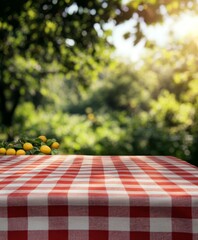 Red checkered tablecloth on empty picnic table outdoors.