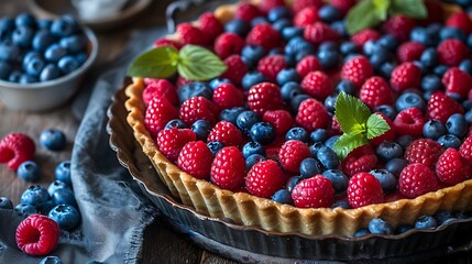 Pie with raspberries and blueberries in a pan