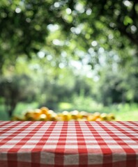 Red checkered picnic table cloth outdoors.