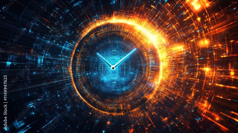 Poster abstract futuristic speed time background with digital clock and data flow hologram, cyber technolog