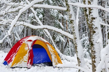 Brightly colored tent surrounded by snow-covered trees, creating a cheerful and inviting scene that embodies the essence of adventure and warmth in a winter wonderland.
