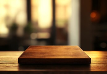 Rustic wooden cutting board on table, blurred background.