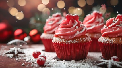 Powdered red christmas cupcakes on a christmas backdrop